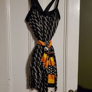 Maeve black print linen dress with contrast belt.